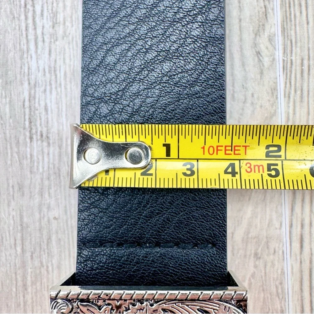 Western Black Faux Leather Belt Silver Toned Boho Engraved Buckle XL 41”-45”
